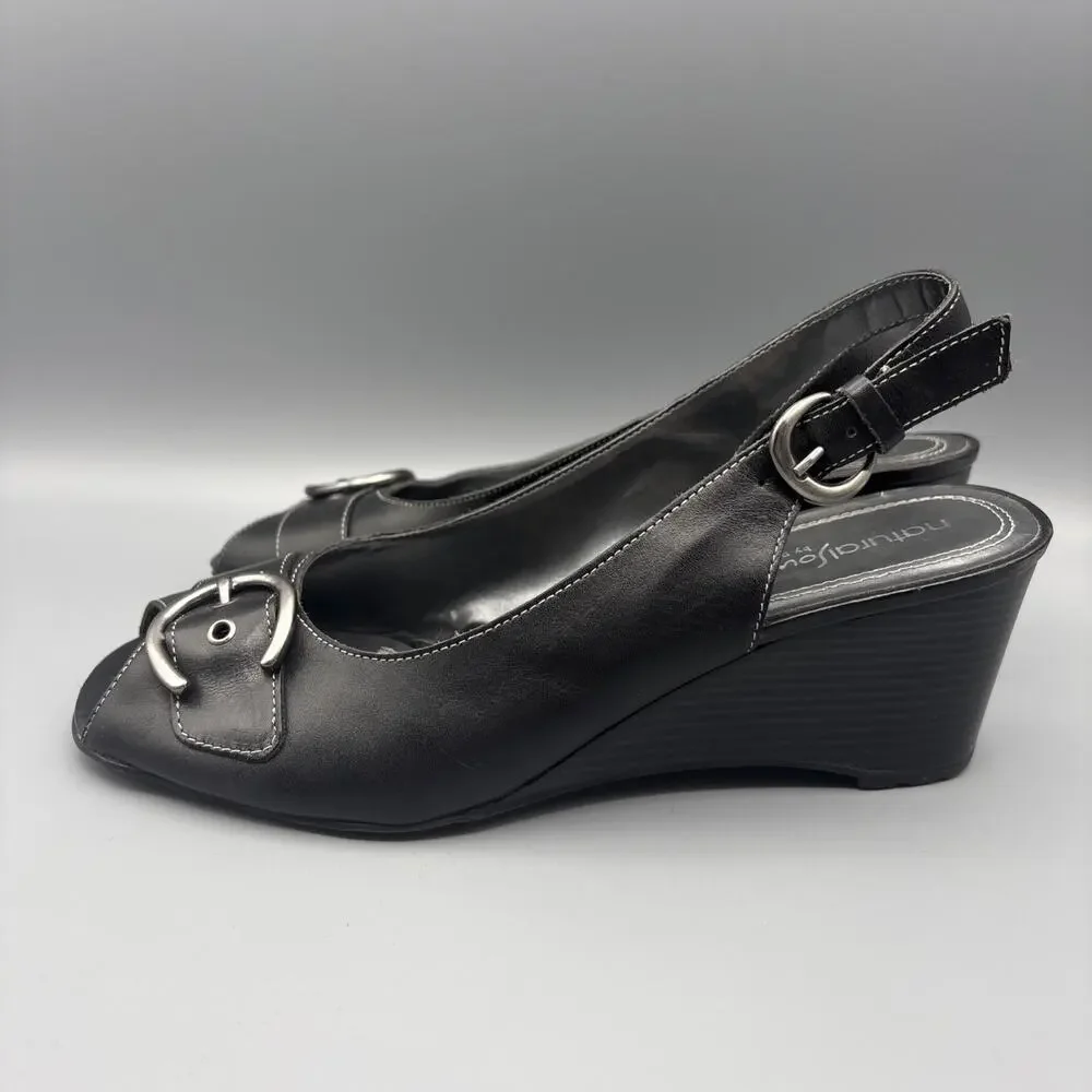 Natural Soul Shoes Size 9 Black Silver Buckle Sling Back Peep Toe Wedge Heels